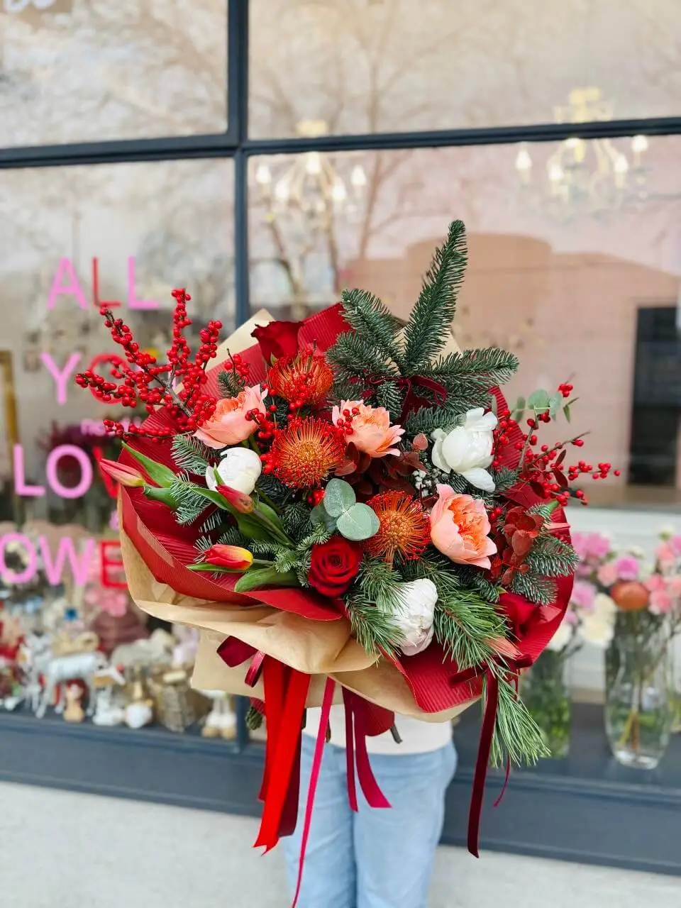 Christmas bouquet #24 with peony rose and ilex