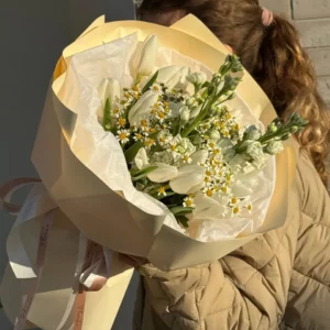 Summer Bouquet with matricaria, tulip and matthiola