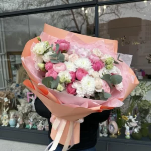 Mixed bouquet of branch rose, eustoma and hydrangea
