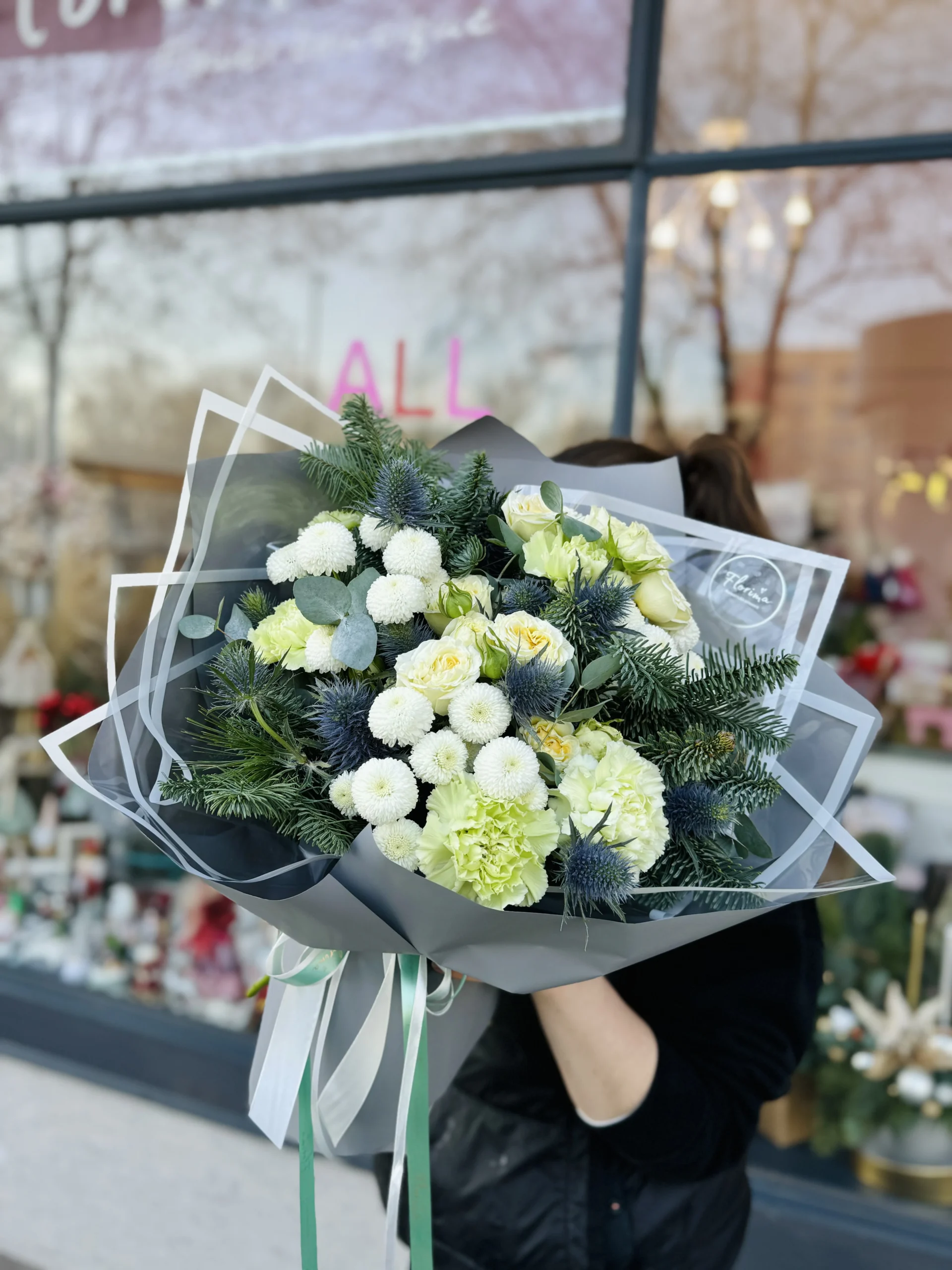 Christmas bouquet #74 carnation, rose branch and Santa Claus