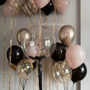 Набор воздушных шаров #307, розово-черный, с шаром-пузырем и перьями.